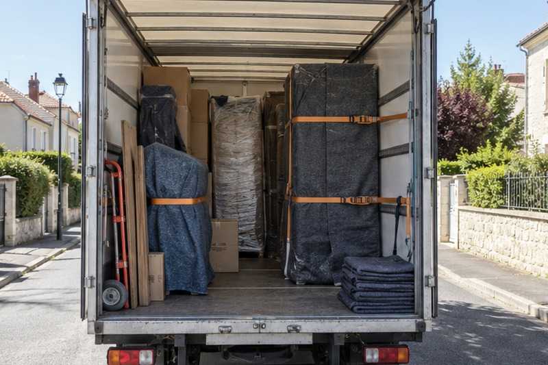 Meubles sanglés dans la caisse du camion