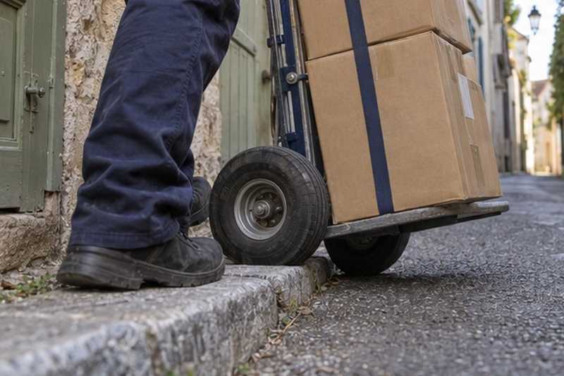 Diable longeant un trottoir étroit : chantier Rue de Dourdan
