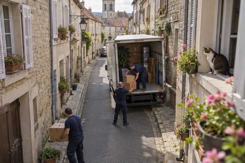 Petit camion dans une rue resserrée : chantier Grande Rue