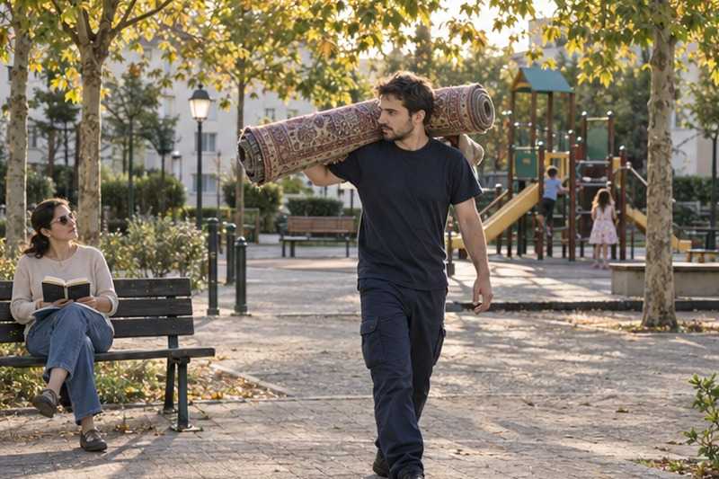 Tapis roulé traversant une place piétonne : chantier Rue Baptiste Marcet