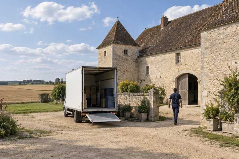 Camion devant une ferme du plateau : chantier Rue d’Estienne d’Orves