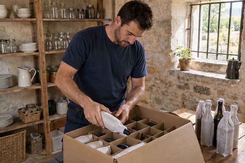Bouteilles couchées dans un carton à croisillons
