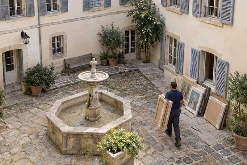 Tableaux emballés le long d’une cour : chantier Rue Albert Thomas