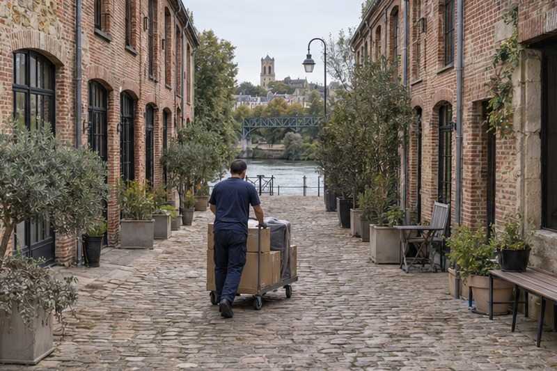 Chariot sur les pavés d’une cour d’ateliers : chantier Rue Alexandre Pichodou