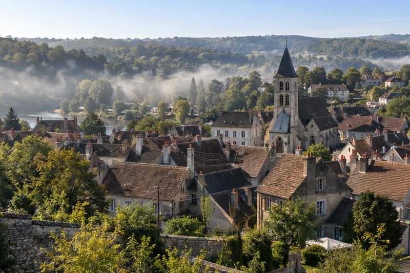 Toits d’une petite ville au matin