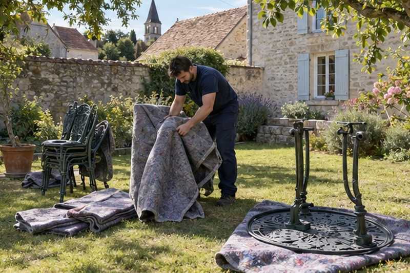 Salon de jardin emballé sur l’herbe : chantier Rue de la Tuilerie