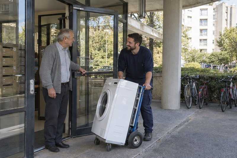 Gardienne tenant la porte du hall : chantier Rue Alexandre Dumas
