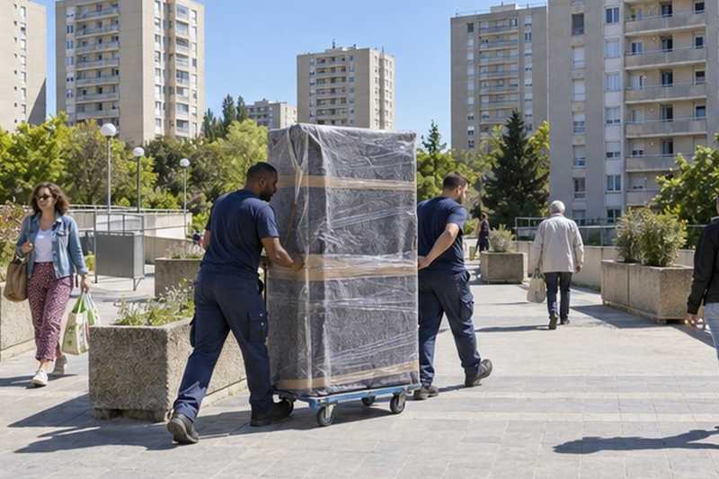 Armoire roulée sur une dalle piétonne : chantier Rue de la Couture