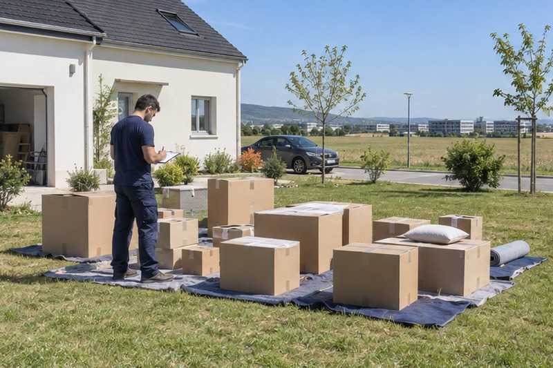 Cartons triés sur une pelouse : chantier Rue Albert Camus