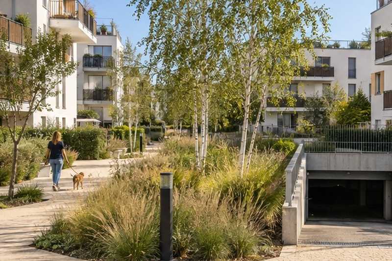 Résidence récente et jardin intérieur