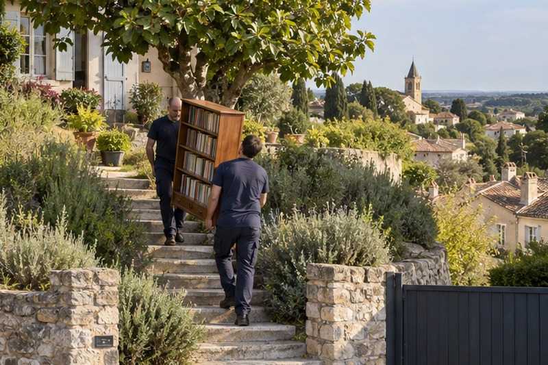 Bibliothèque portée dans un jardin en terrasse : chantier Rue Belle Herbe