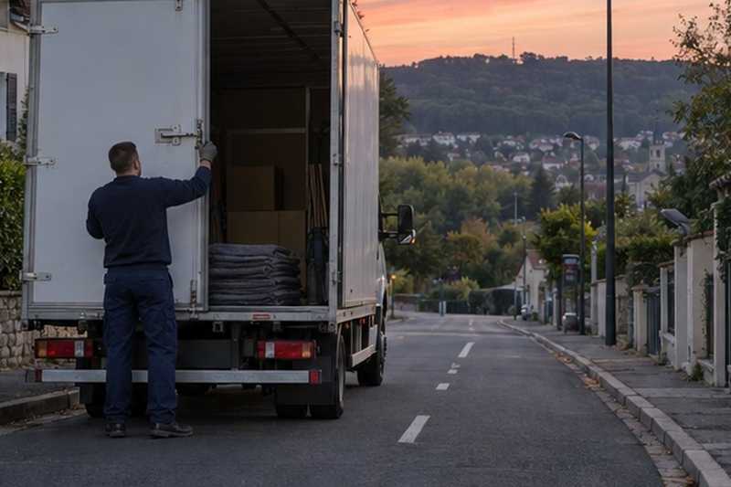 Camion fermé au crépuscule : chantier Rue Bernard Palissy