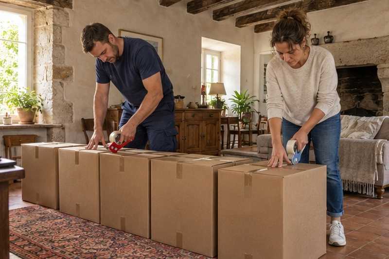 Cartons de livres fermés au salon