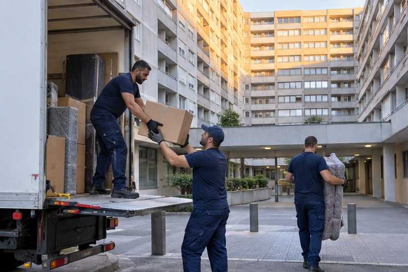 Chargement matinal au pied d’un immeuble : chantier Rue de l’Yerres
