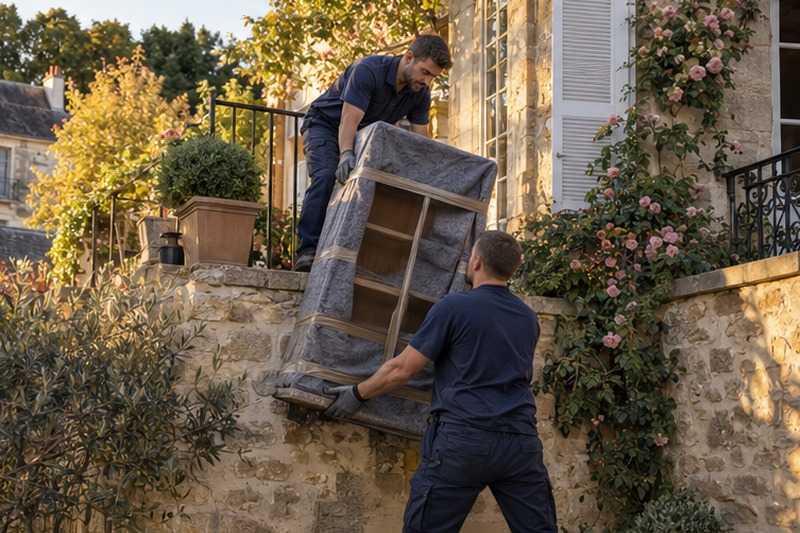 Bibliothèque descendue d’une terrasse de cour : chantier Rue de la Niche
