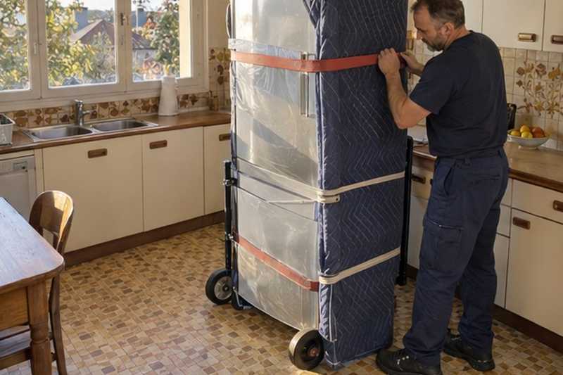 Réfrigérateur sanglé sous couvertures