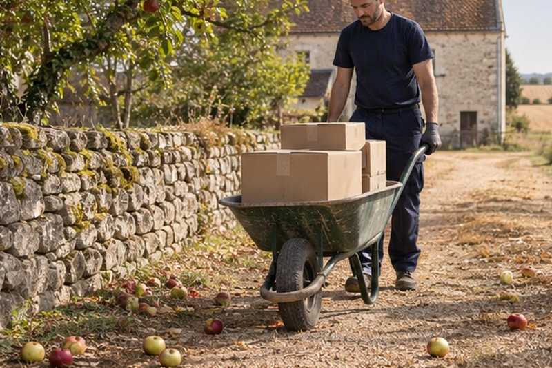 Brouette de cartons dans un verger : chantier Rue de Cheval Rue