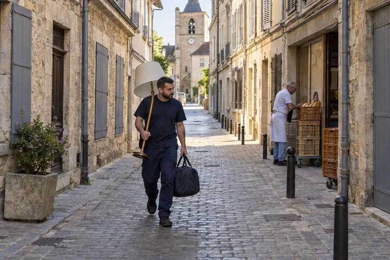 Ruelle pavée piétonne au petit matin : chantier Rue de l’Abreuvoir