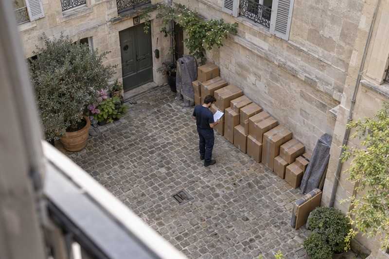 Cartons alignés dans une cour pavée : chantier Rue de la Ferté Alais