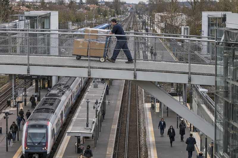 Chariot sur une passerelle piétonne : chantier Rue de Maisse