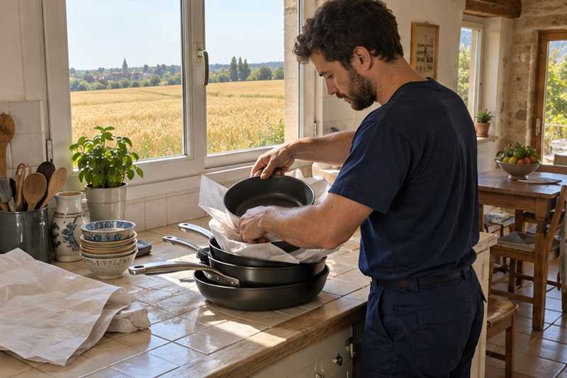 Casseroles emboîtées avec du papier