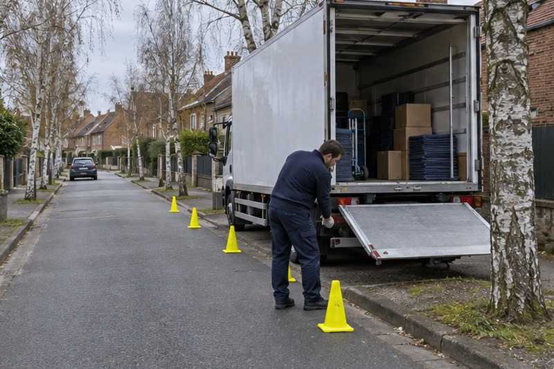 Côté chargement protégé par des cônes : chantier Rue Alfred Leblanc