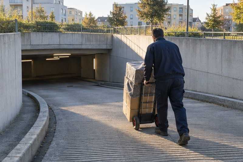 Chariot descendant la rampe d’un parking : chantier Rue Antoine Becquerel