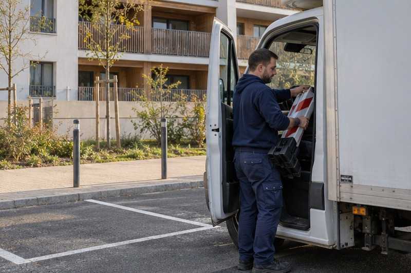 Rangement des barrières après le chargement : chantier Grande Rue