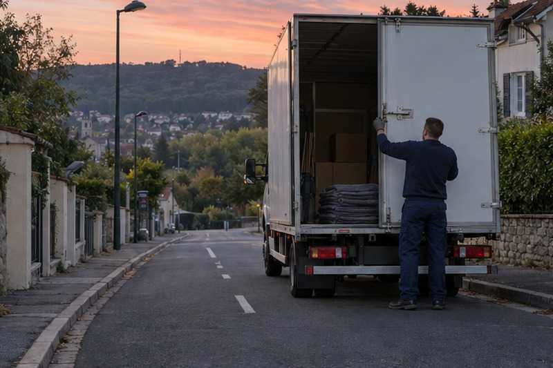 Camion fermé au crépuscule : chantier Route de Jouy à la Soupane