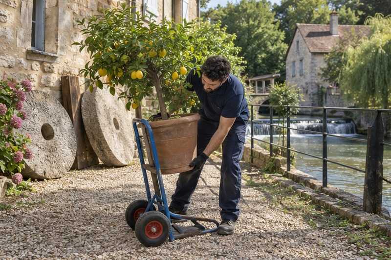 Citronnier en pot dans une cour de moulin : chantier Rue de la Badaudière