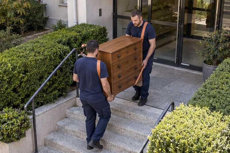 Commode sanglée sur des marches : chantier Rue de la Boissière