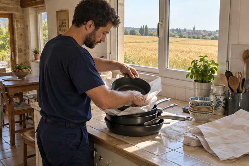 Casseroles emboîtées avec du papier
