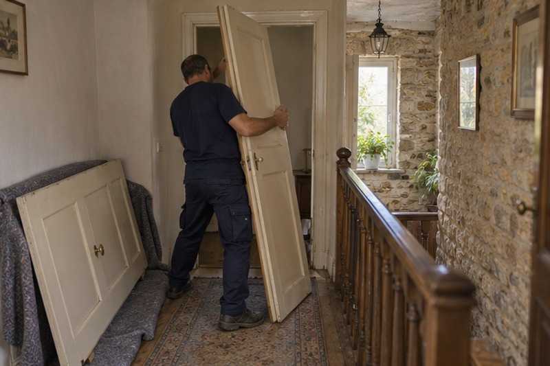 Porte dégondée sur un palier : chantier Rue Alphonse Daudet
