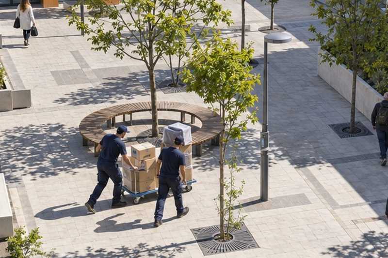 Chariot sur le parvis d’un centre urbain : chantier Rue de la Donnerie