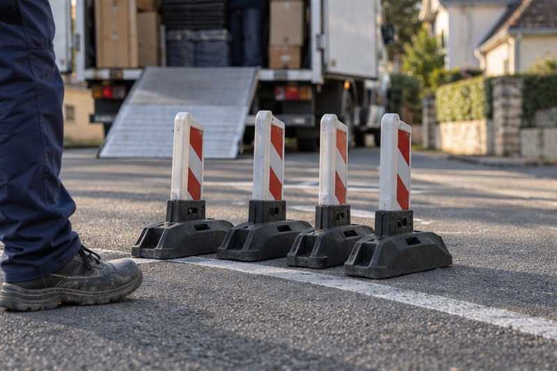 Pieds de barrières alignés sur l’asphalte : chantier Avenue Kléber