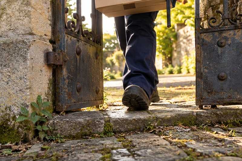 Seuil de porche franchi avec un carton : chantier Avenue Molière