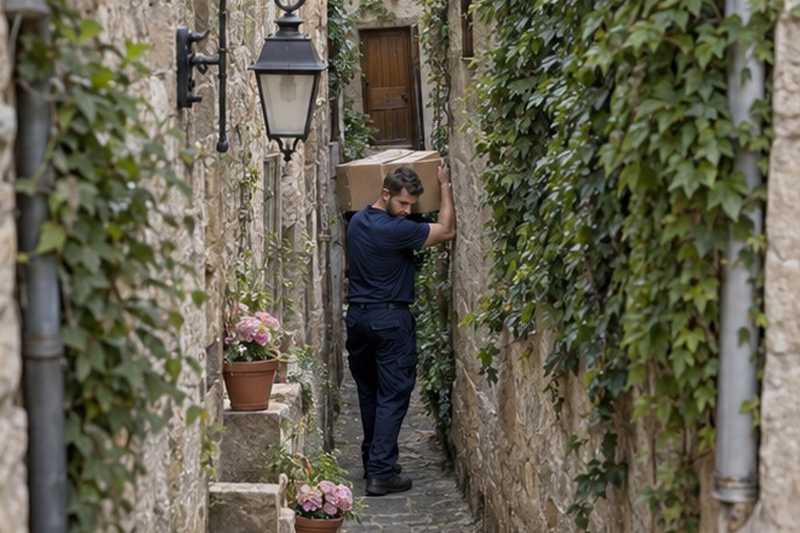 Carton porté dans une venelle : chantier Rue Camille Corot