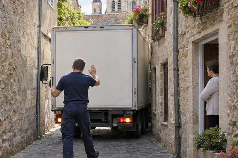Camion guidé dans une rue étroite : chantier Rue Aux Moines