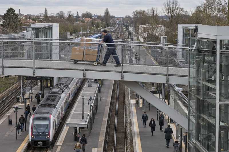 Chariot sur une passerelle piétonne : chantier Rue de Montmirault