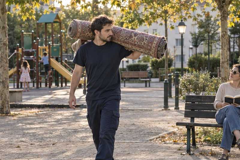 Tapis roulé traversant une place piétonne : chantier Rue de Beauvais