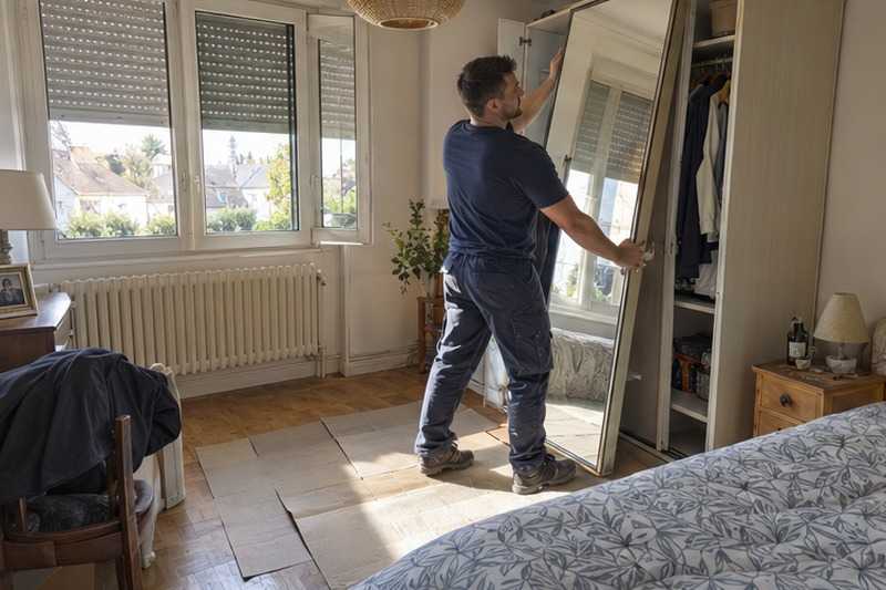 Porte d’armoire déposée à l’étage