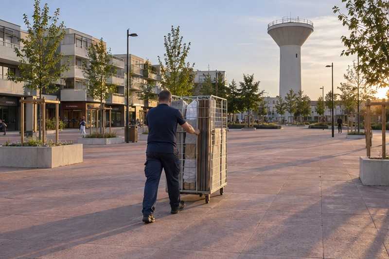 Chariot cage sur une place piétonne : chantier Rue Béranger