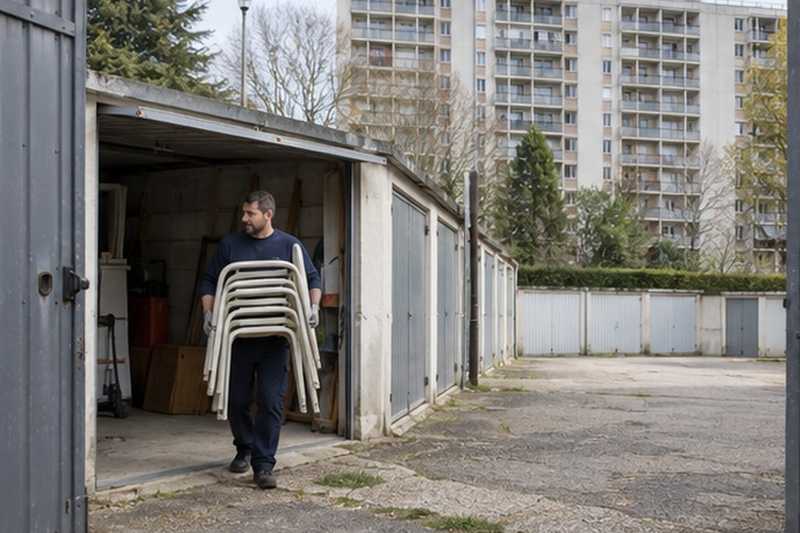 Chaises de jardin sorties d’un garage : chantier Rue Albert Mercier