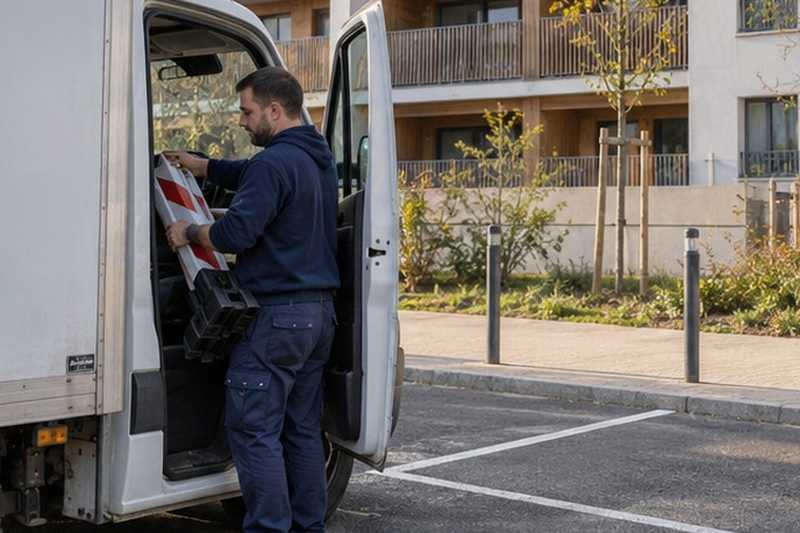 Rangement des barrières après le chargement : chantier Rue André Delage