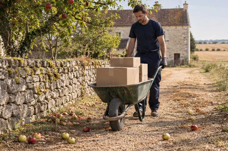 Brouette de cartons dans un verger : chantier Rue Andrei Sakharov