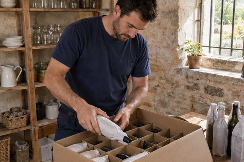 Bouteilles couchées dans un carton à croisillons