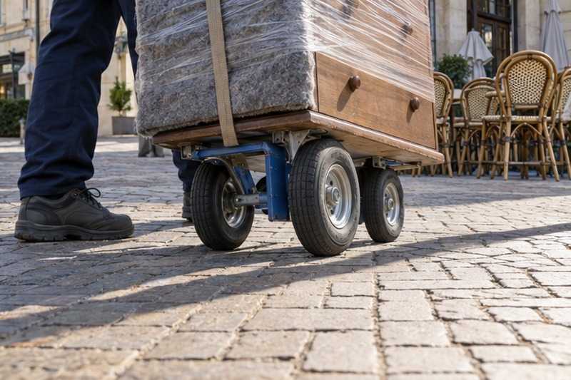 Roues du chariot sur un pavage : chantier Rue Amédée Guénée
