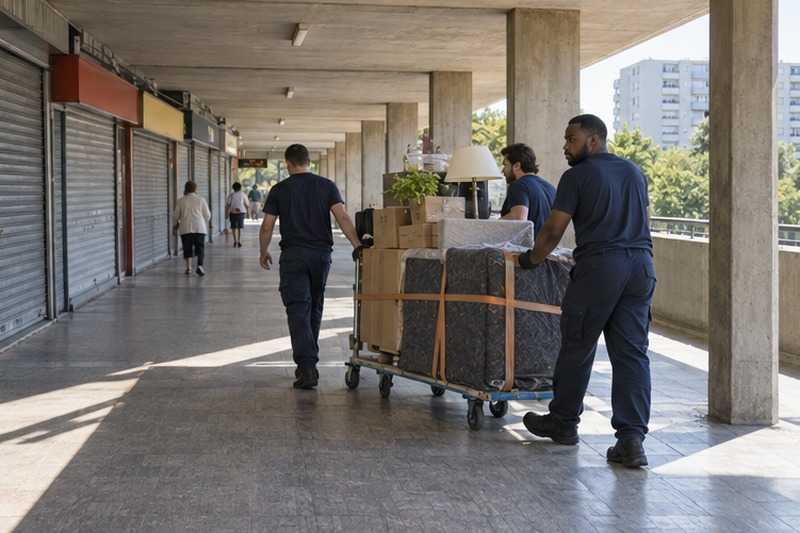 Chariot sous les arcades d’une dalle : chantier Rue Aramis et Jean Derube
