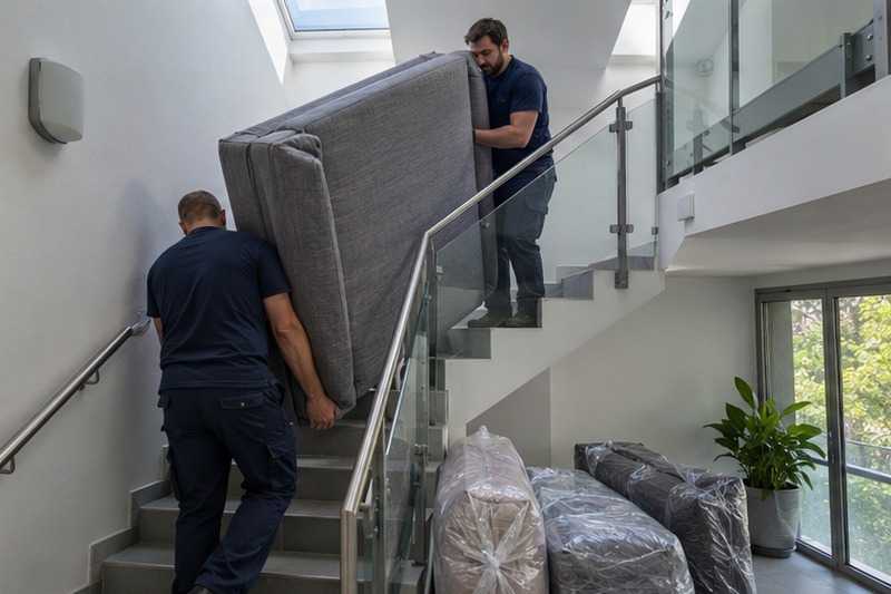 Canapé dressé dans un angle d’escalier : chantier Allée des Caves de Noé