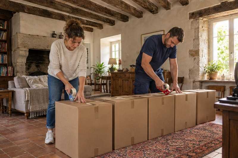 Cartons de livres fermés au salon